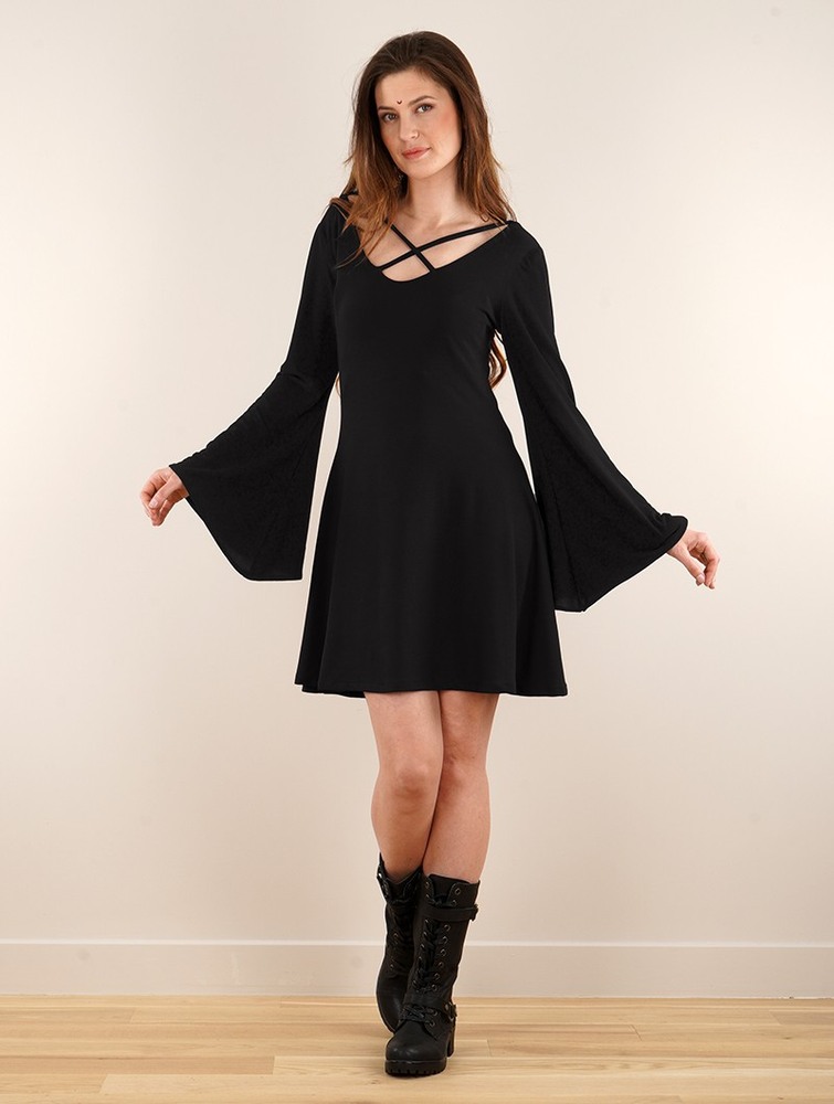 Black Women Toonzshop Black Moon Reversible Flared Long Sleeve Dress Dress | IDETQCZ-45