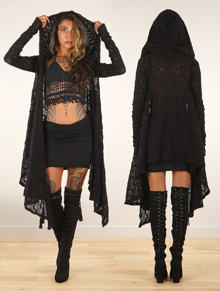 Black Women Toonzshop Danaeriz Long Sleeve Hooded Crochet Shawl Cardigan Cardigan | KFYRNQS-84