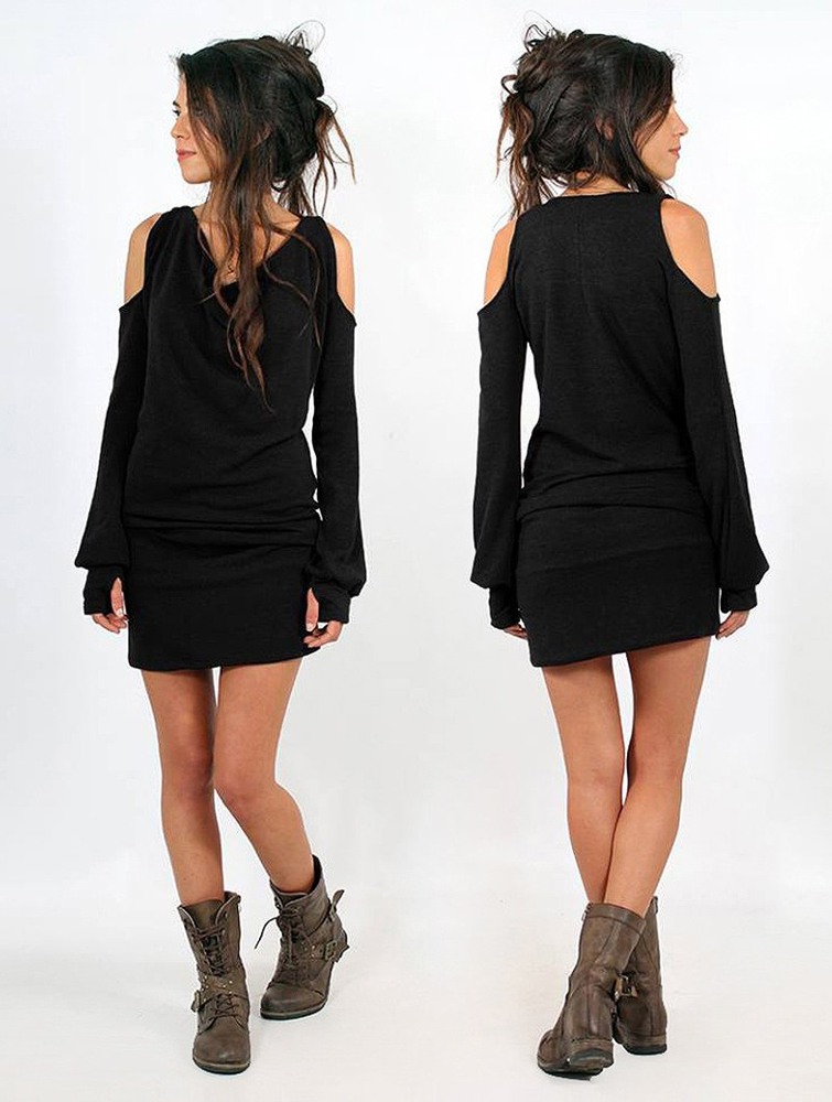 Black Women Toonzshop Elixir Bare Shoulder Sweater Dress Dress | DLFEWSY-35