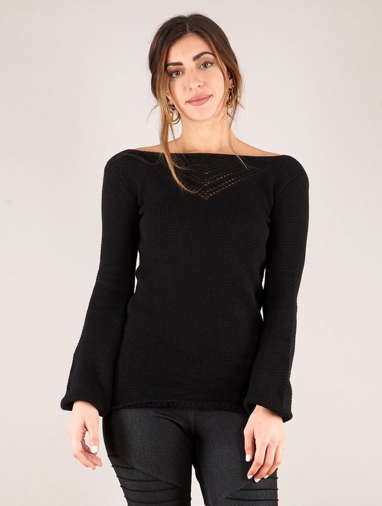 Black Women Toonzshop Endaria Open Work Boat Neck Knit Sweater Sweater | NTGSFMW-03