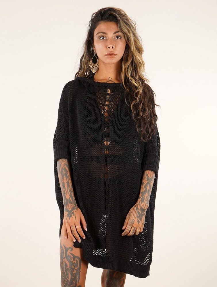 Black Women Toonzshop Jaring Open-weave Tunic Dress Dress | ZHLKGTQ-98