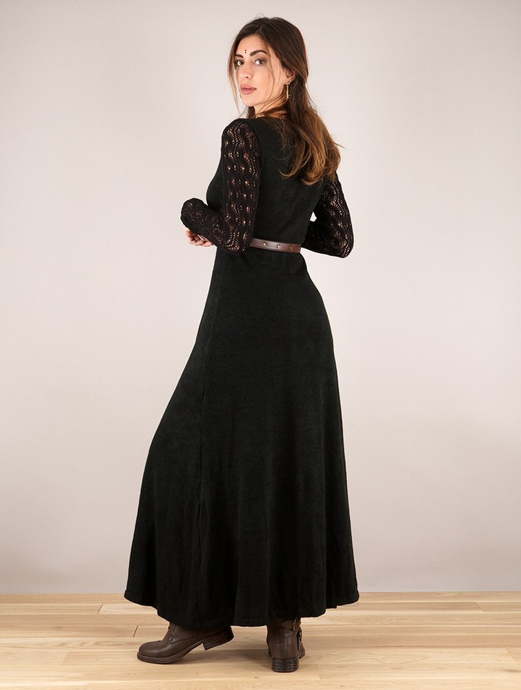 Black Women Toonzshop Melisandre Crochet Long Sleeve Long Sweater Dress Dress | CKTXPUY-14