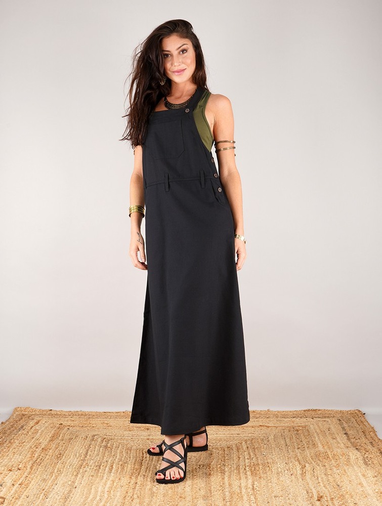 Black Women Toonzshop Milhana Dungaree Long Dress Dress | XQRBALJ-38