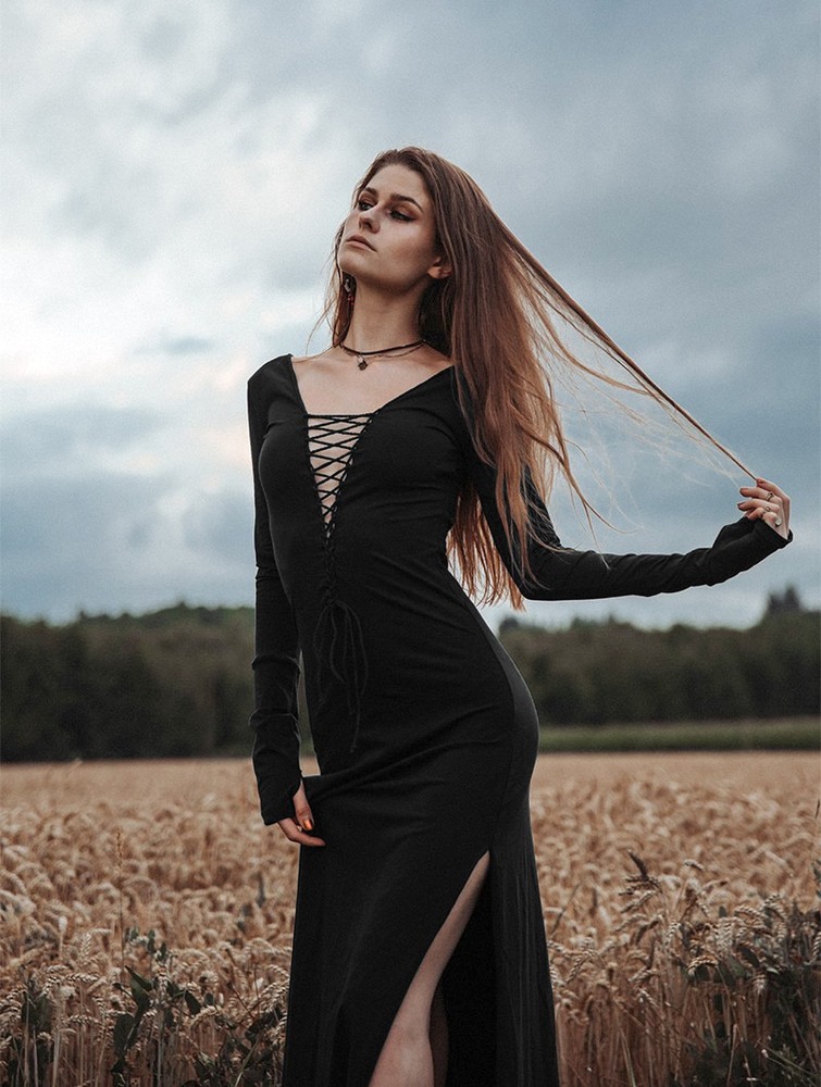 Black Women Toonzshop Valkyrie Lace-up Split Long Dress Dress | THGSUCV-74