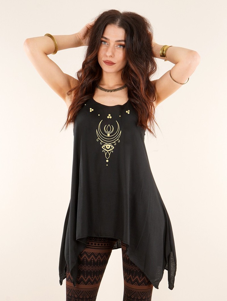 Black and gold Women Toonzshop Alruwhani Printed Knotted Sleeveless Tunic Tops | IZDATQK-48