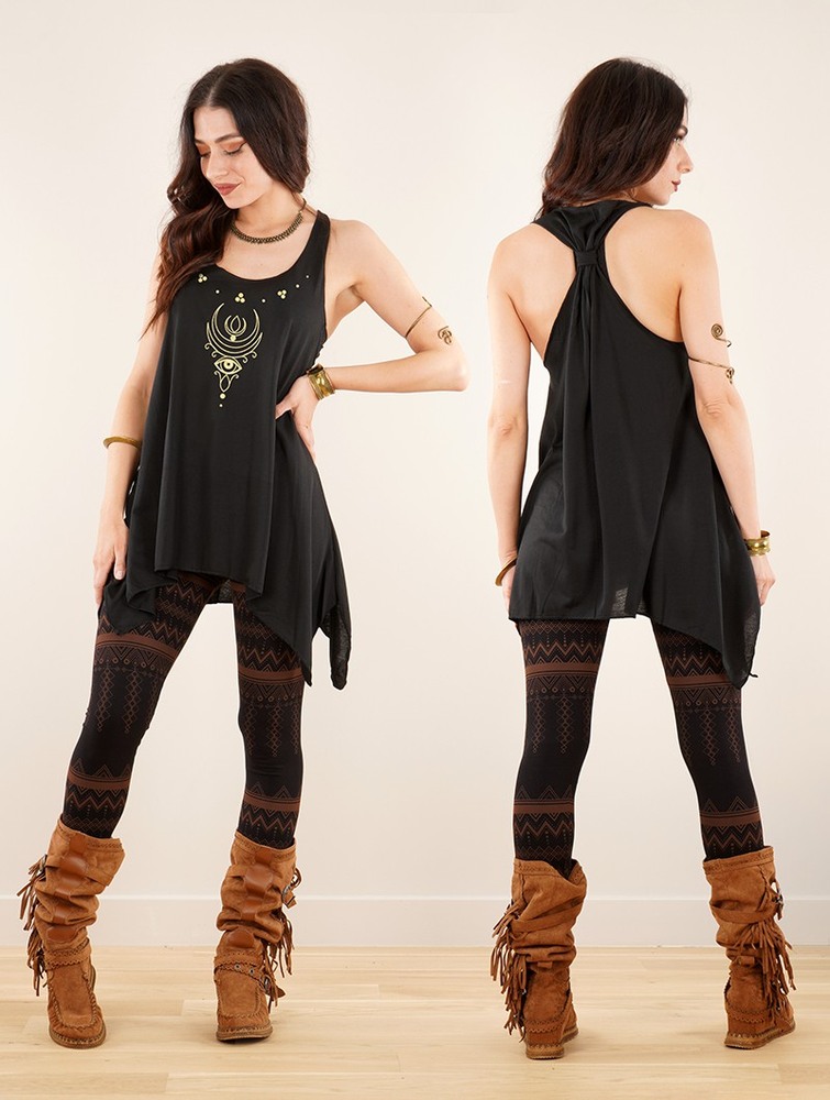 Black and gold Women Toonzshop Alruwhani Printed Knotted Sleeveless Tunic Tops | IZDATQK-48