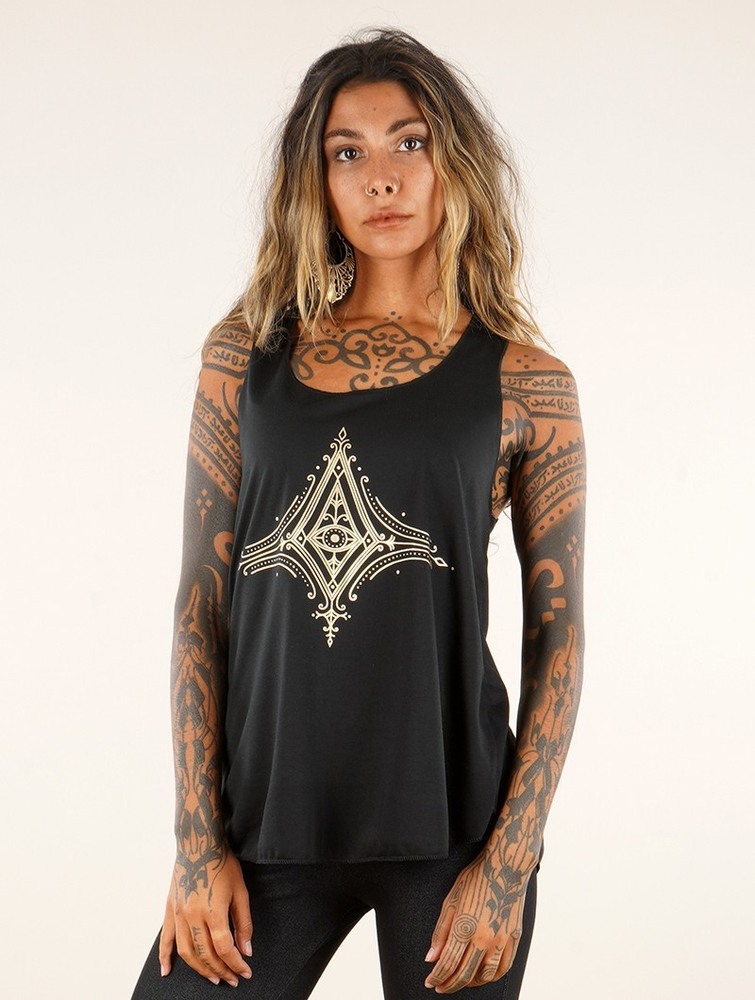 Black and gold Women Toonzshop Freyliss Printed Tank Top Tank Top | VPMCFNK-63