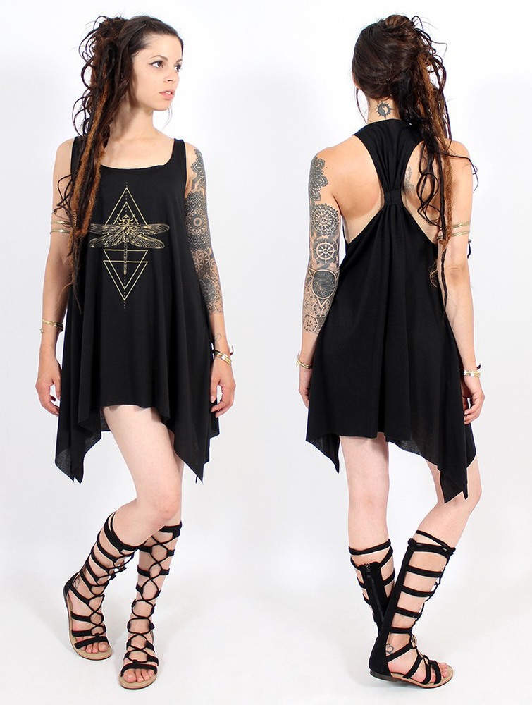 Black and gold Women Toonzshop Geometric Dragonfly Printed Knotted Sleeveless Tunic Tops | DEMYXIZ-47