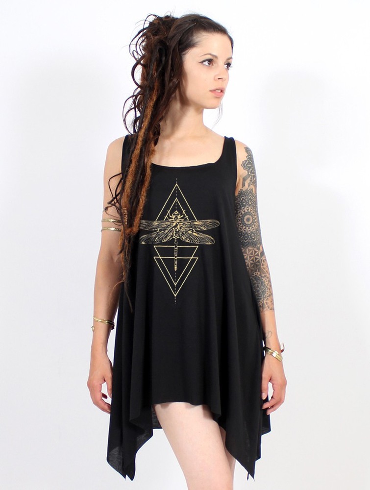 Black and gold Women Toonzshop Geometric Dragonfly Printed Knotted Sleeveless Tunic Tops | DEMYXIZ-47