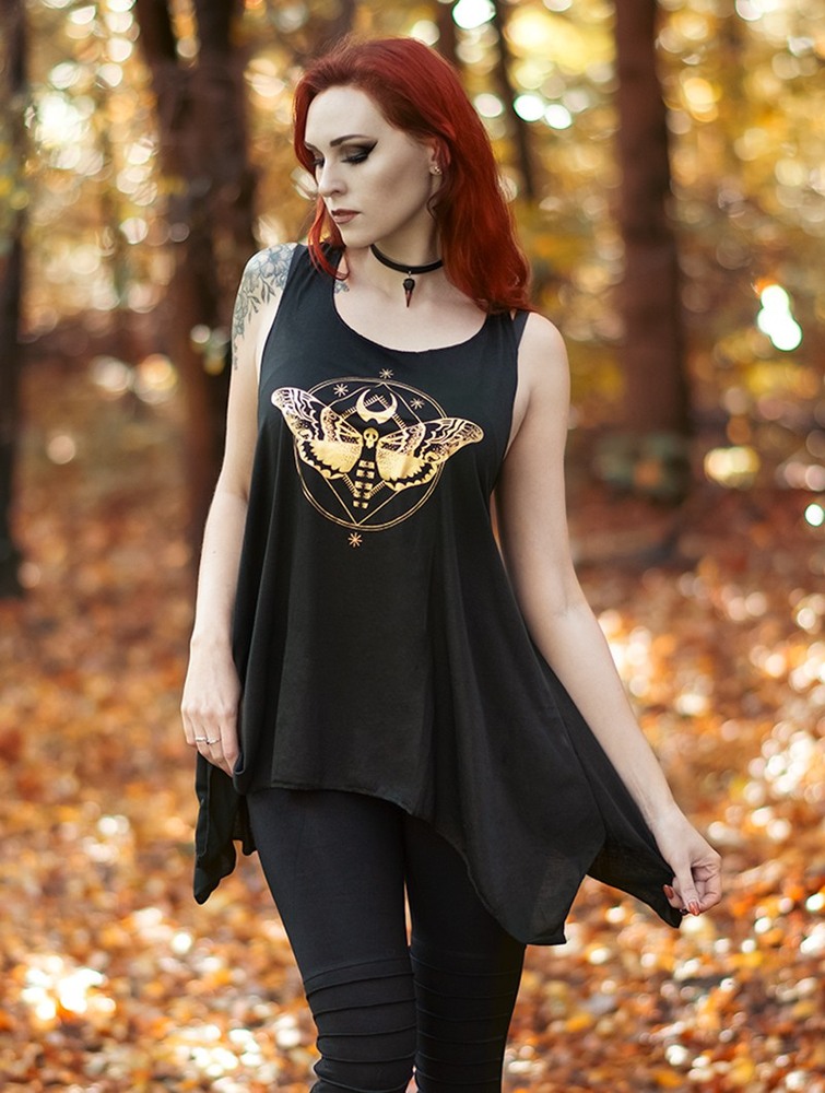 Black and gold Women Toonzshop Nightmoth Printed Knotted Sleeveless Tunic Tops | RJNIASX-28