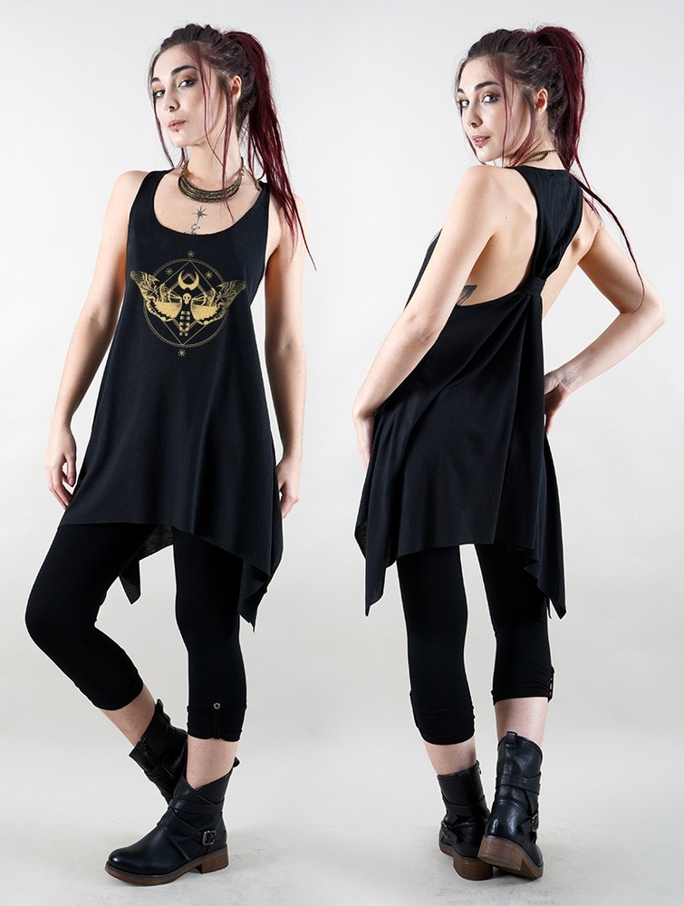 Black and gold Women Toonzshop Nightmoth Printed Knotted Sleeveless Tunic Tops | RJNIASX-28