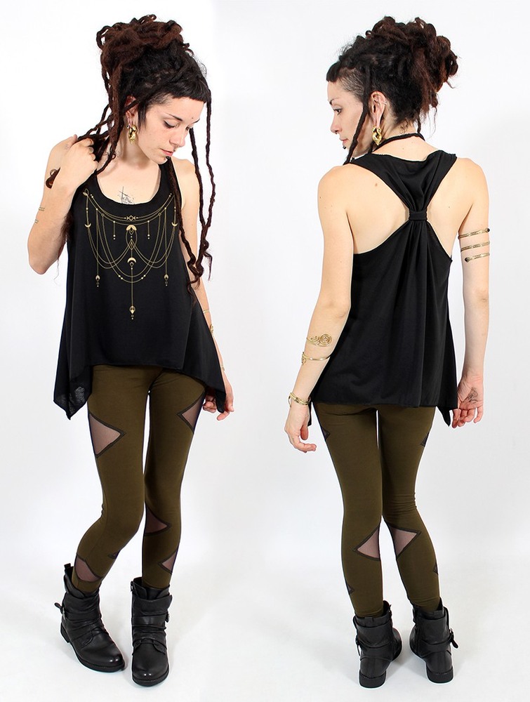 Black and gold Women Toonzshop Paalayan Printed Knotted Tank Top Tank Top | ZQKIRLJ-70