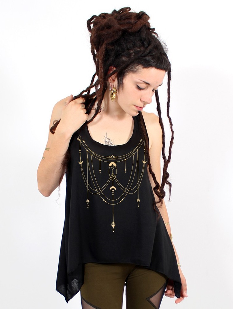 Black and gold Women Toonzshop Paalayan Printed Knotted Tank Top Tank Top | ZQKIRLJ-70