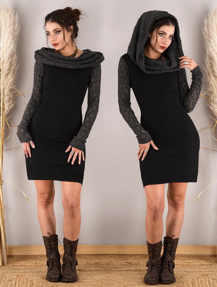 Black and grey Women Toonzshop Atmäa Crochet Long Sleeved Dress Dress | RMZYOBS-57