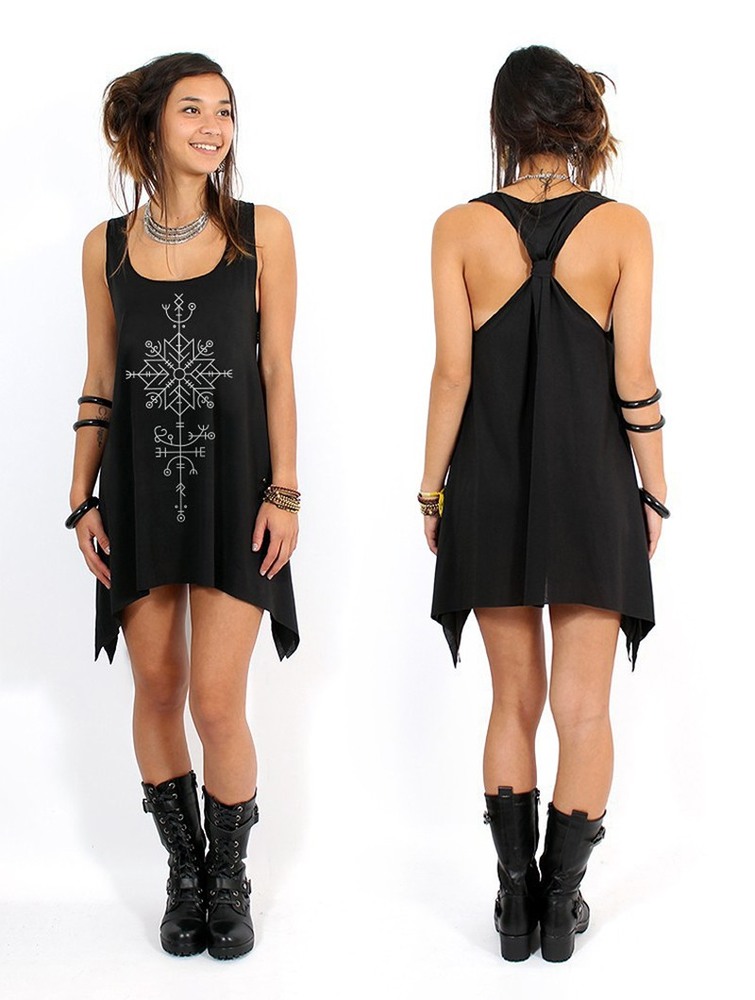 Black and silver Women Toonzshop Freyja Printed Knotted Sleeveless Tunic Tops | GQEHIRP-32