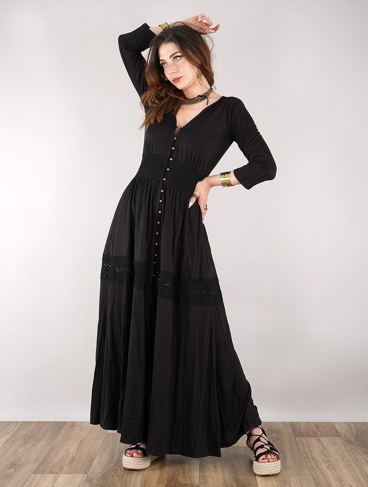 Black with black lace Women Toonzshop Heldaria Buttoned Long Dress Dress | BLHFYIS-29