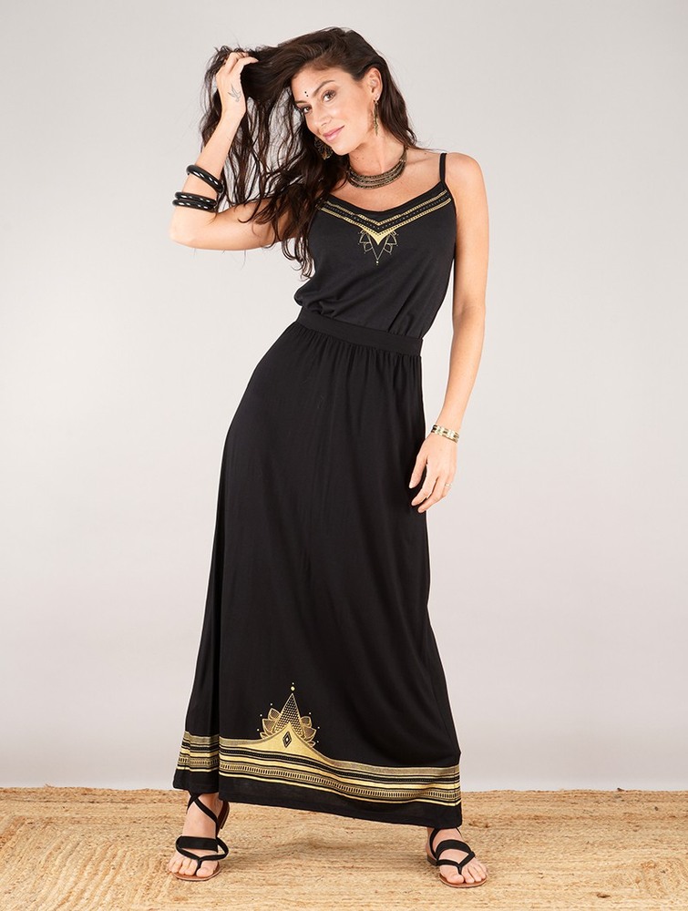 Black with golden prints Women Toonzshop Lotus Elerinna High Waist Maxi Skirt Skirt | WXFNRLE-68