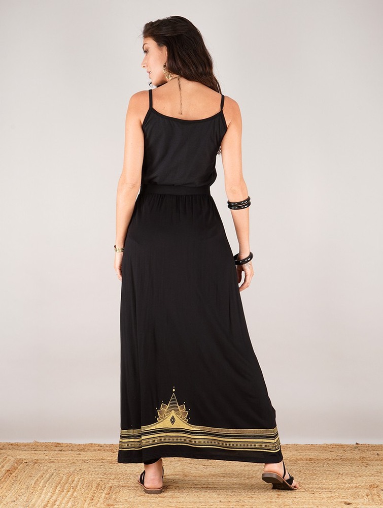 Black with golden prints Women Toonzshop Lotus Elerinna High Waist Maxi Skirt Skirt | WXFNRLE-68