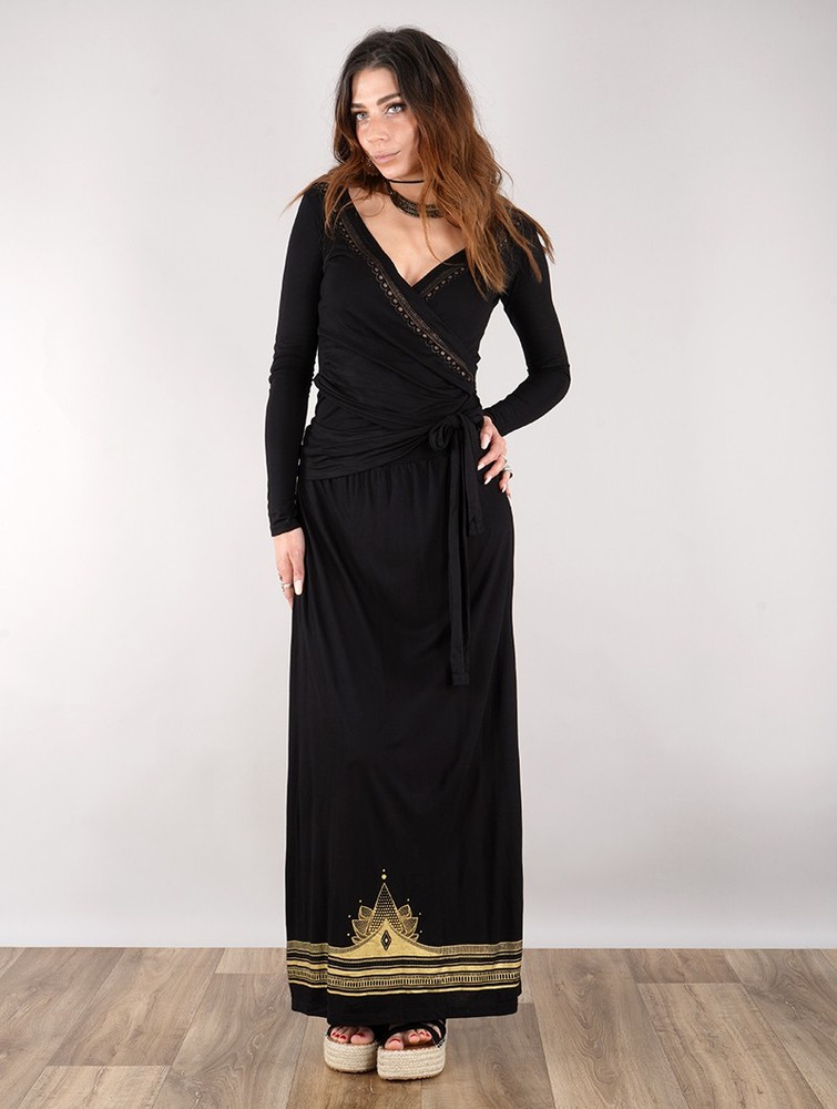 Black with golden prints Women Toonzshop Lotus Elerinna High Waist Maxi Skirt Skirt | WXFNRLE-68