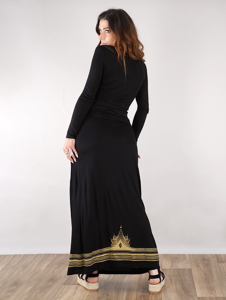 Black with golden prints Women Toonzshop Lotus Elerinna High Waist Maxi Skirt Skirt | WXFNRLE-68