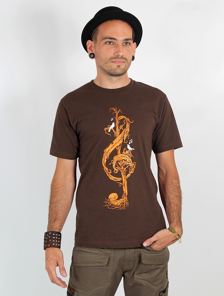 Brown Men Toonzshop Vegetal Treble Clef Printed Short Sleeve T-shirt T-Shirt | PLKQCWS-61