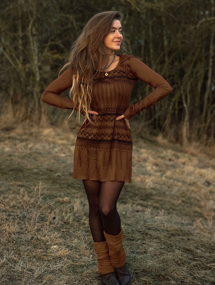 Caramel Women Toonzshop Inanna Aztec Printed Long Sleeve Hooded Short Dress Dress | UDTKEPO-94