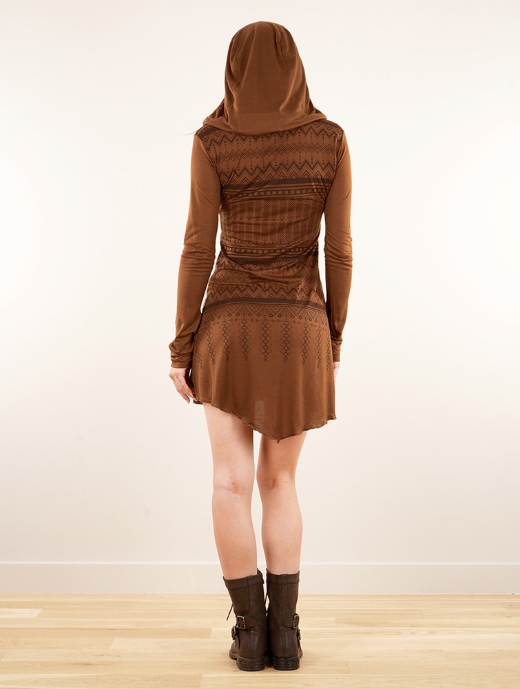 Caramel Women Toonzshop Inanna Aztec Printed Long Sleeve Hooded Short Dress Dress | UDTKEPO-94