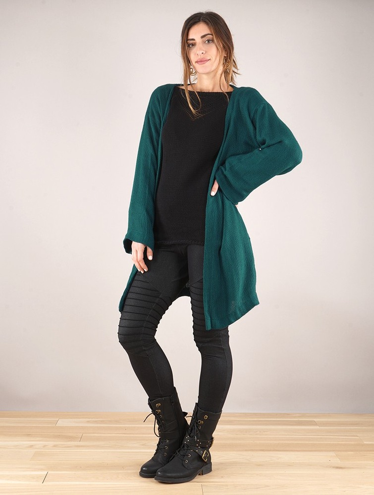 Dark teal Women Toonzshop Earwen Knitted Long Jacket Jackets | TYSZPQR-18