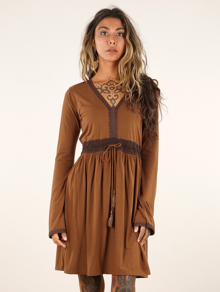 Golden brown Women Toonzshop Firiel Long Sleeve Dress With Crochet Detail Dress | FBQHVSK-32