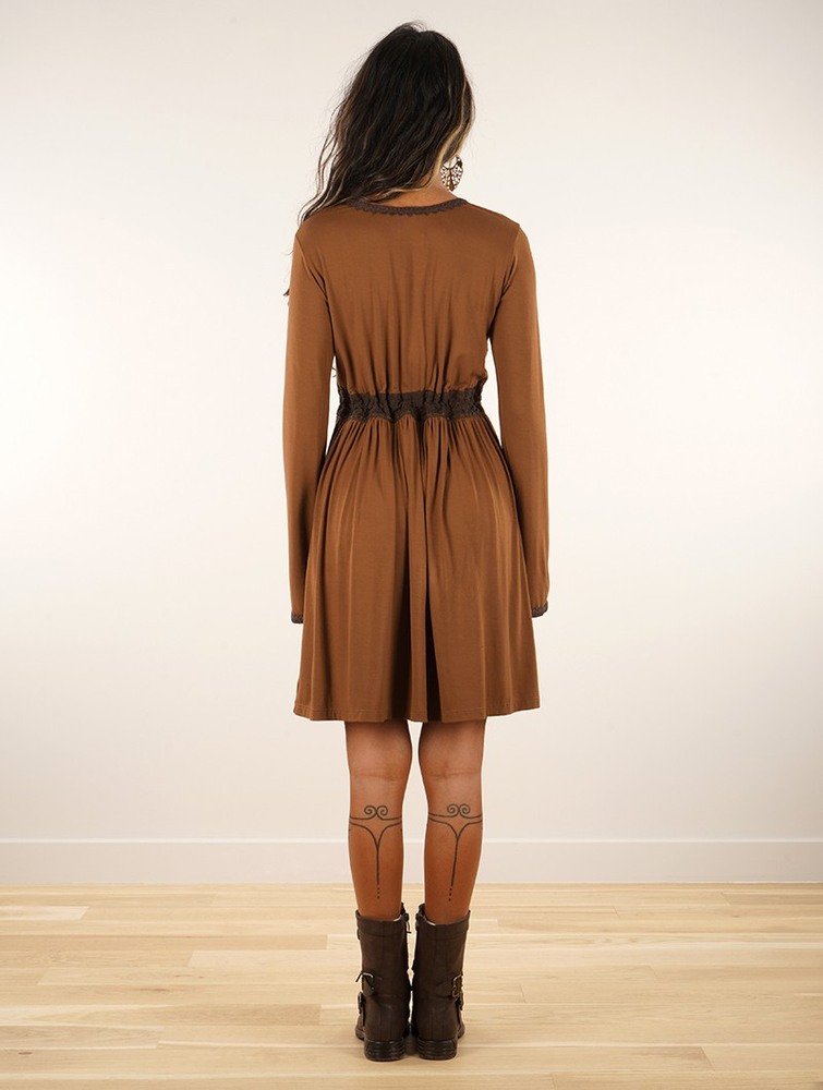 Golden brown Women Toonzshop Firiel Long Sleeve Dress With Crochet Detail Dress | FBQHVSK-32