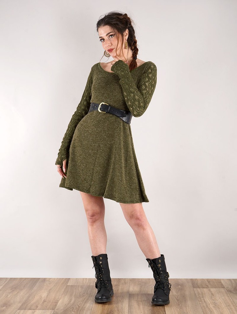 Khaki Women Toonzshop Oroshï Crochet Sleeve Sweater Dress Dress | ZMKYDFV-04