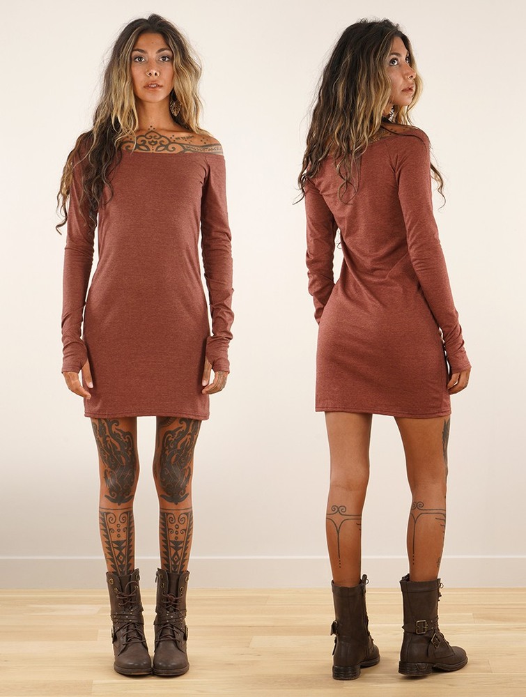 Mottled sienna Women Toonzshop Saädiya Long Sleeve Short Dress Dress | LAQRDFZ-90