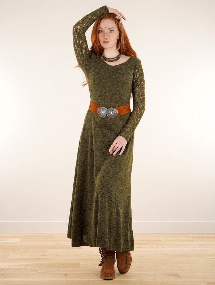 Olive green Women Toonzshop Melisandre Crochet Long Sleeve Long Sweater Dress Dress | AHXEFUW-78