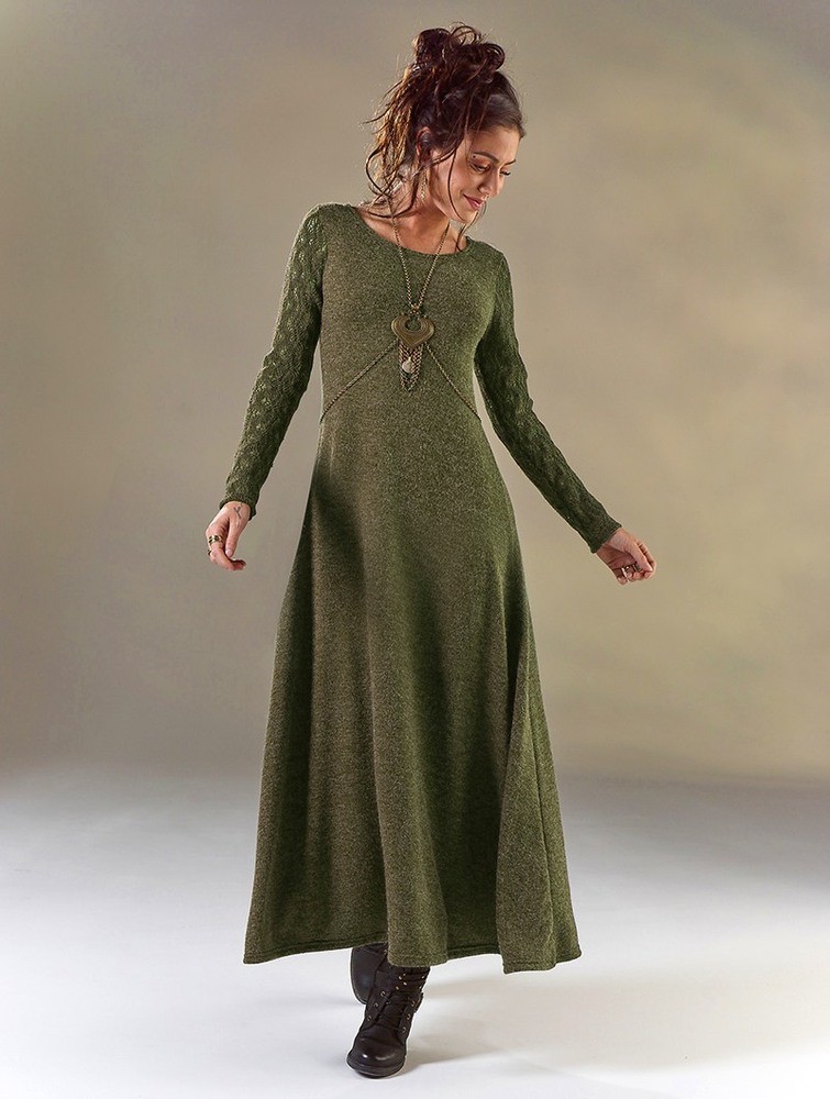 Olive green Women Toonzshop Melisandre Crochet Long Sleeve Long Sweater Dress Dress | AHXEFUW-78