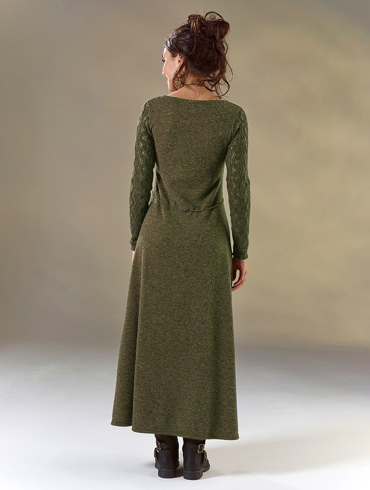 Olive green Women Toonzshop Melisandre Crochet Long Sleeve Long Sweater Dress Dress | AHXEFUW-78