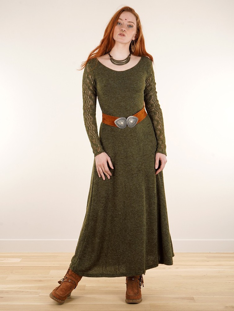 Olive green Women Toonzshop Melisandre Crochet Long Sleeve Long Sweater Dress Dress | AHXEFUW-78