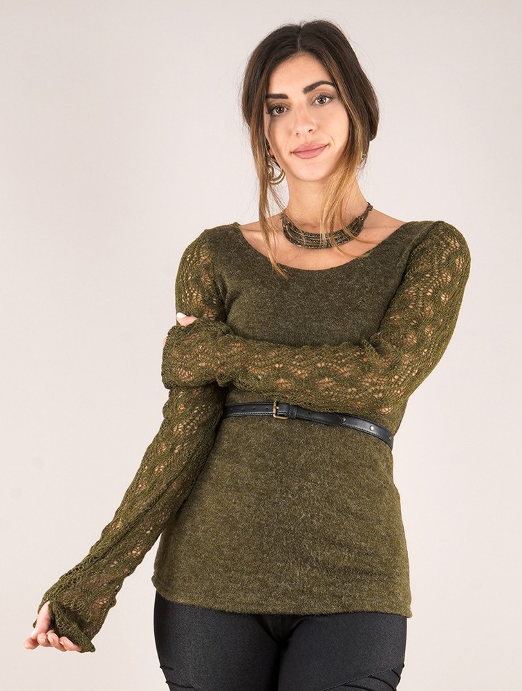 Olive green Women Toonzshop Oroshï Crochet Sleeve Sweater Sweater | ZHRPCNX-71