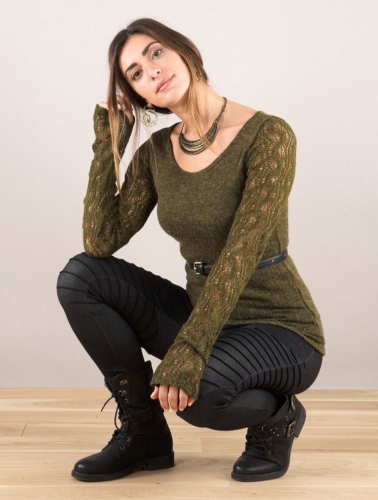 Olive green Women Toonzshop Oroshï Crochet Sleeve Sweater Sweater | ZHRPCNX-71