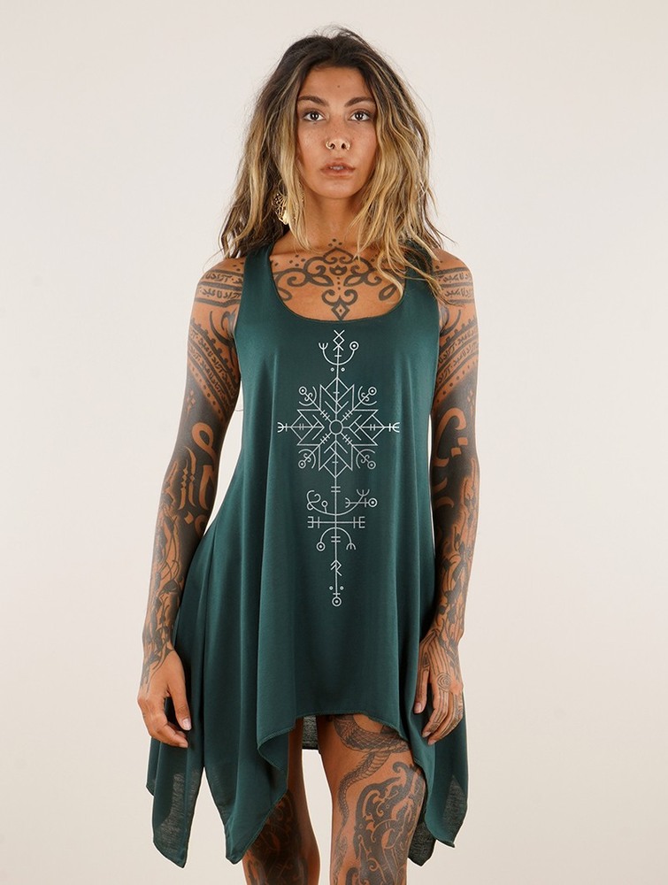 Teal and silver Women Toonzshop Freyja Printed Knotted Sleeveless Tunic Tops | HURTPYS-80