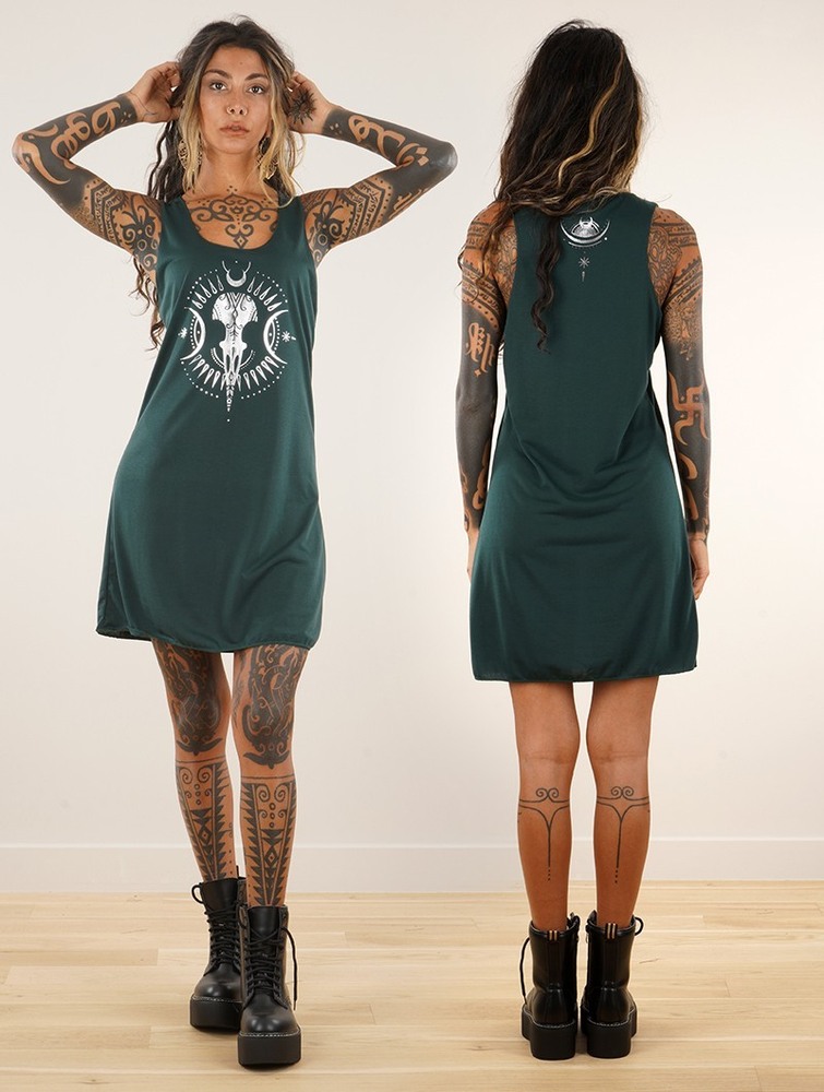 Teal and silver Women Toonzshop Ridaloo Printed Sleeveless Short Dress Dress | RDEAPCF-71