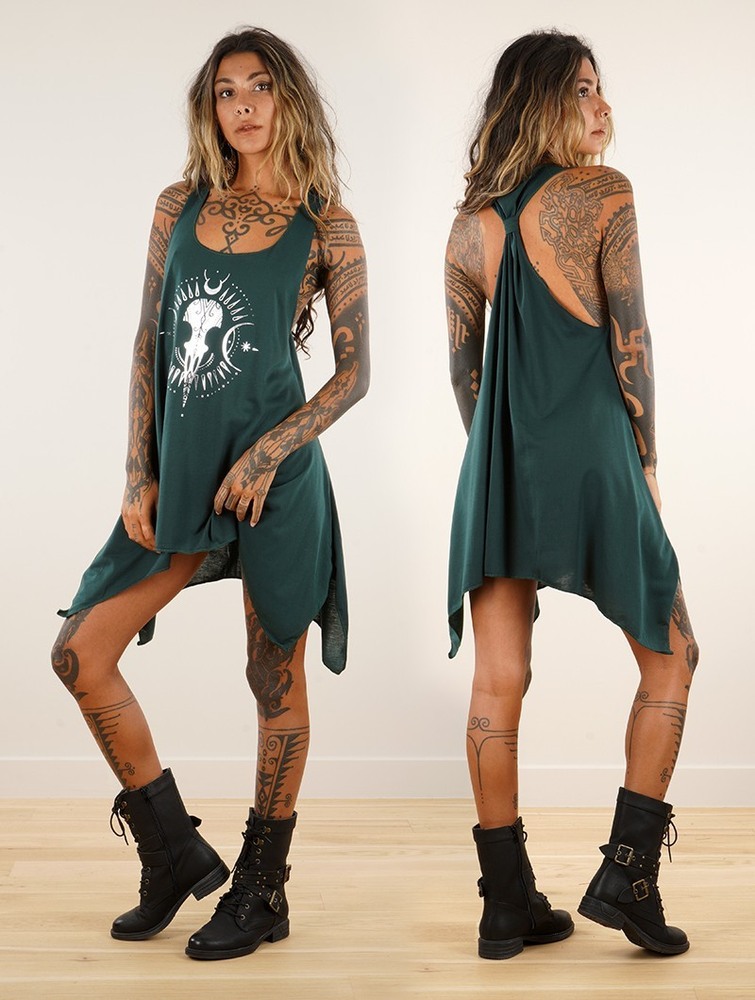 Teal and silver Women Toonzshop Ridaloo Printed Knotted Sleeveless Tunic Tops | QOCJSRK-51