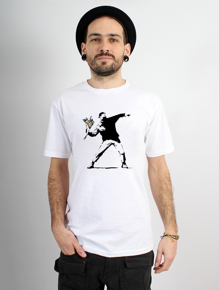 White Men Toonzshop Banksy Hooligan Flowers Printed Short Sleeve T-shirt T-Shirt | BAQNZPE-19