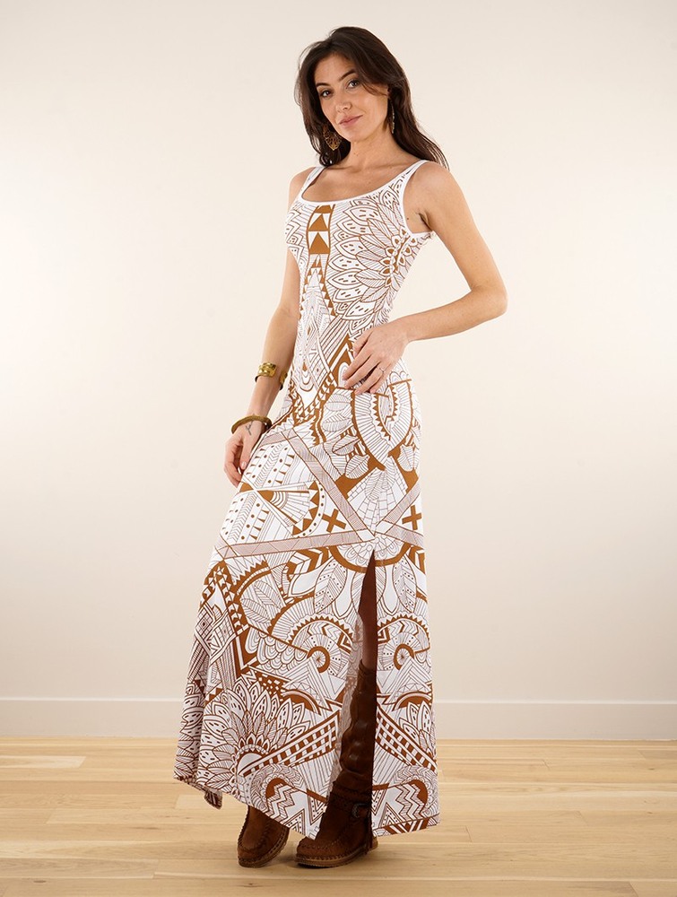 White Women Toonzshop Electra Africa Printed Long Split Strappy Dress Dress | BHOLGRM-90