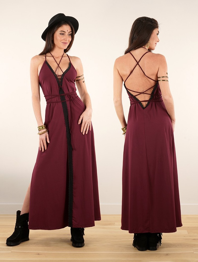 Wine Women Toonzshop Amulette Lace-up Split Long Dress Dress | CQHLTUD-09