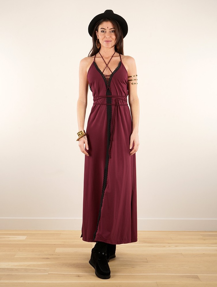 Wine Women Toonzshop Amulette Lace-up Split Long Dress Dress | CQHLTUD-09