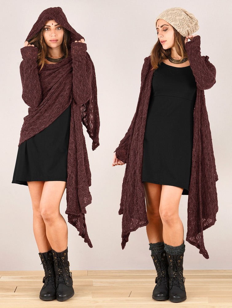 Wine Women Toonzshop Danaeriz Long Sleeve Hooded Crochet Shawl Cardigan Cardigan | UCYHVMJ-25