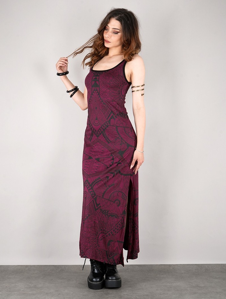 Wine Women Toonzshop Electra Africa Printed Long Split Strappy Dress Dress | GJSIXNP-41