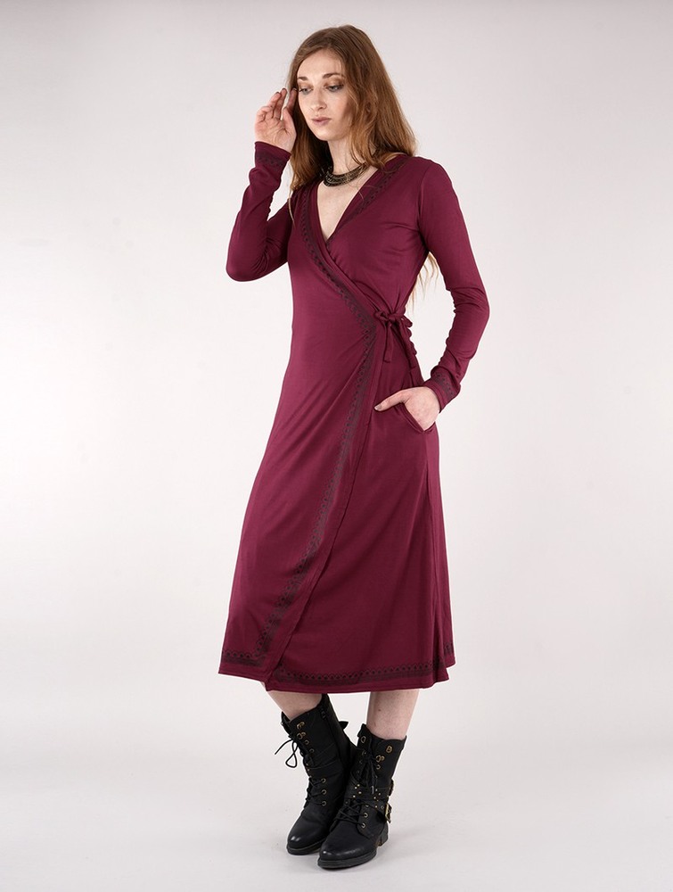 Wine Women Toonzshop Irwaen Indie 2in1 Cardigan/Long Sleeve Midi Dress Dress | KHVXBAF-54