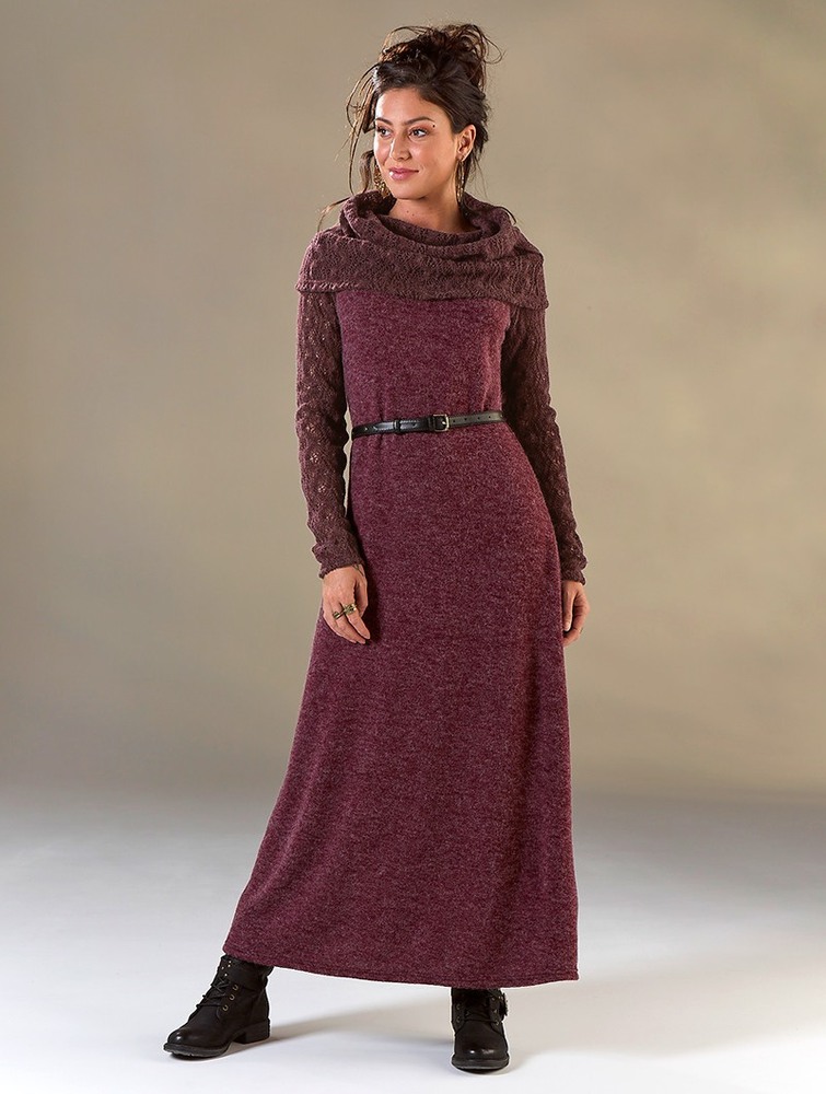 Wine Women Toonzshop Nouchka Crochet Sleeves And Big Collar Long Sweater Dress Dress | YJVSPLW-51