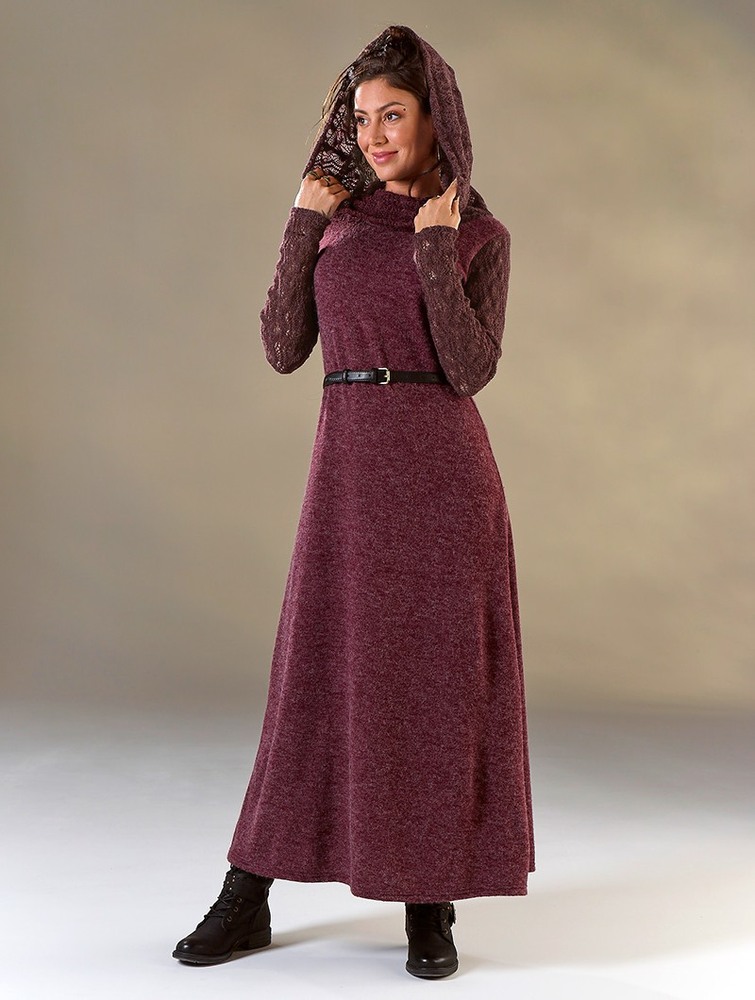 Wine Women Toonzshop Nouchka Crochet Sleeves And Big Collar Long Sweater Dress Dress | YJVSPLW-51